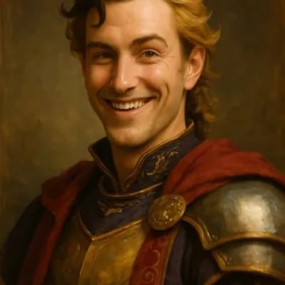 AI generated video: a handsome and smug knight socializing at a medieval party, dancing his way to met the queen