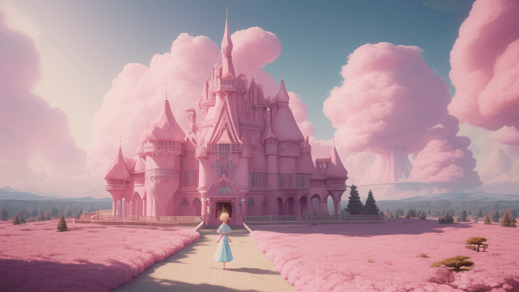 AI generated: a path to a dream crystal pink castle, clouds like Marshmallow, the image is like beautiful dream, p...