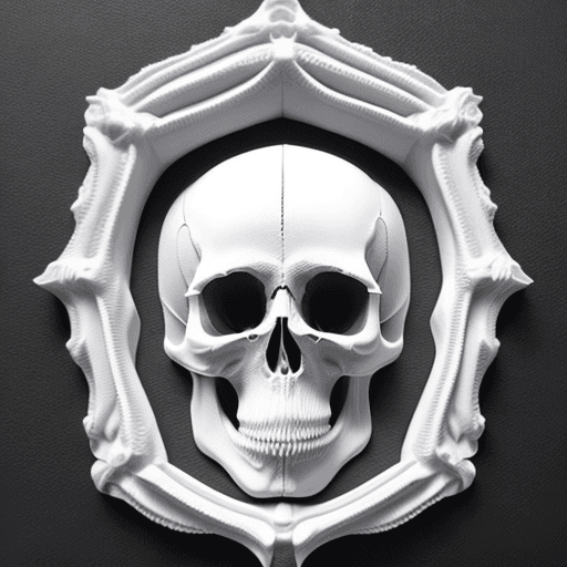 AI generated: symmetrical white 3d relief of skull on black board, no shadows, hyper realism, smooth, totally jet ...