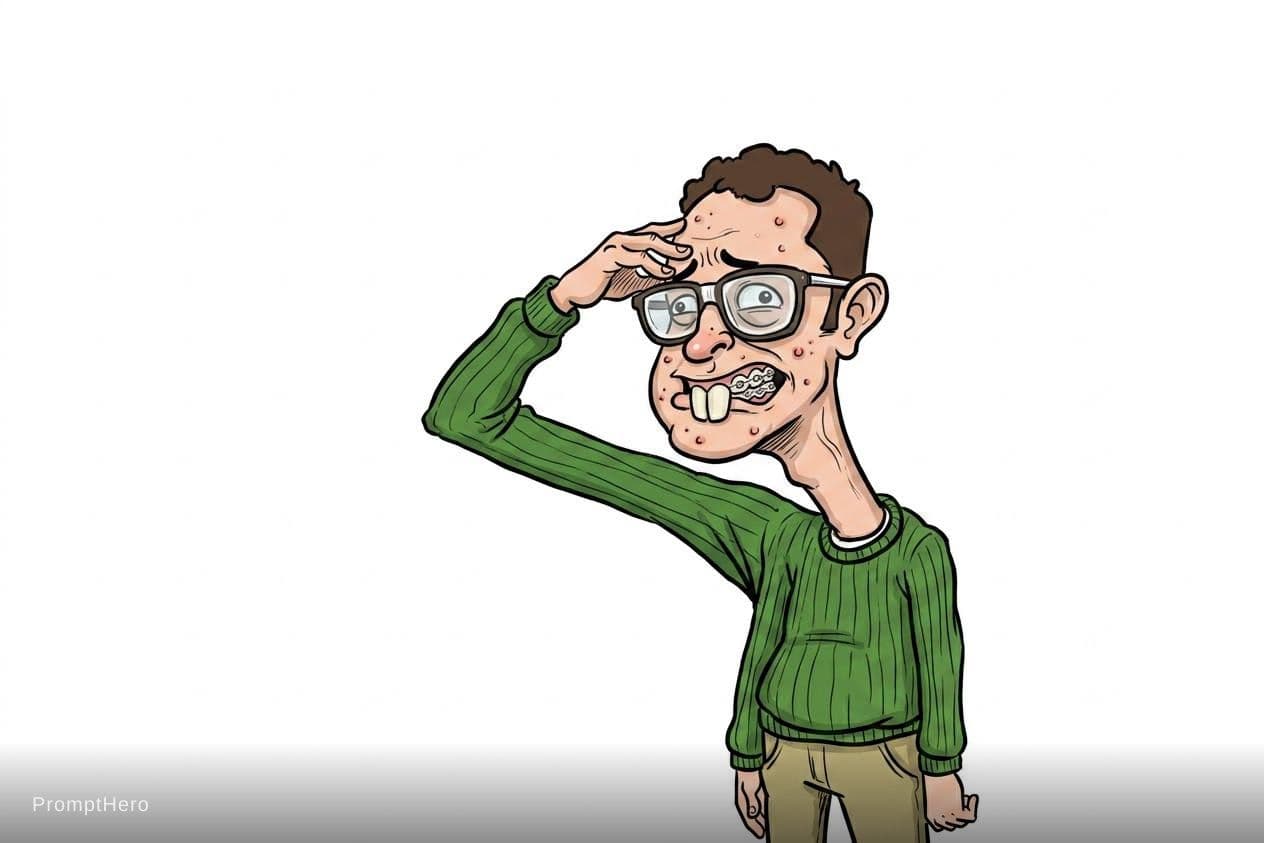 AI generated: funny caricature, nerdy cartoon creature, male, 15 years old, buck-toothed, bespectacled, awkward, e...
