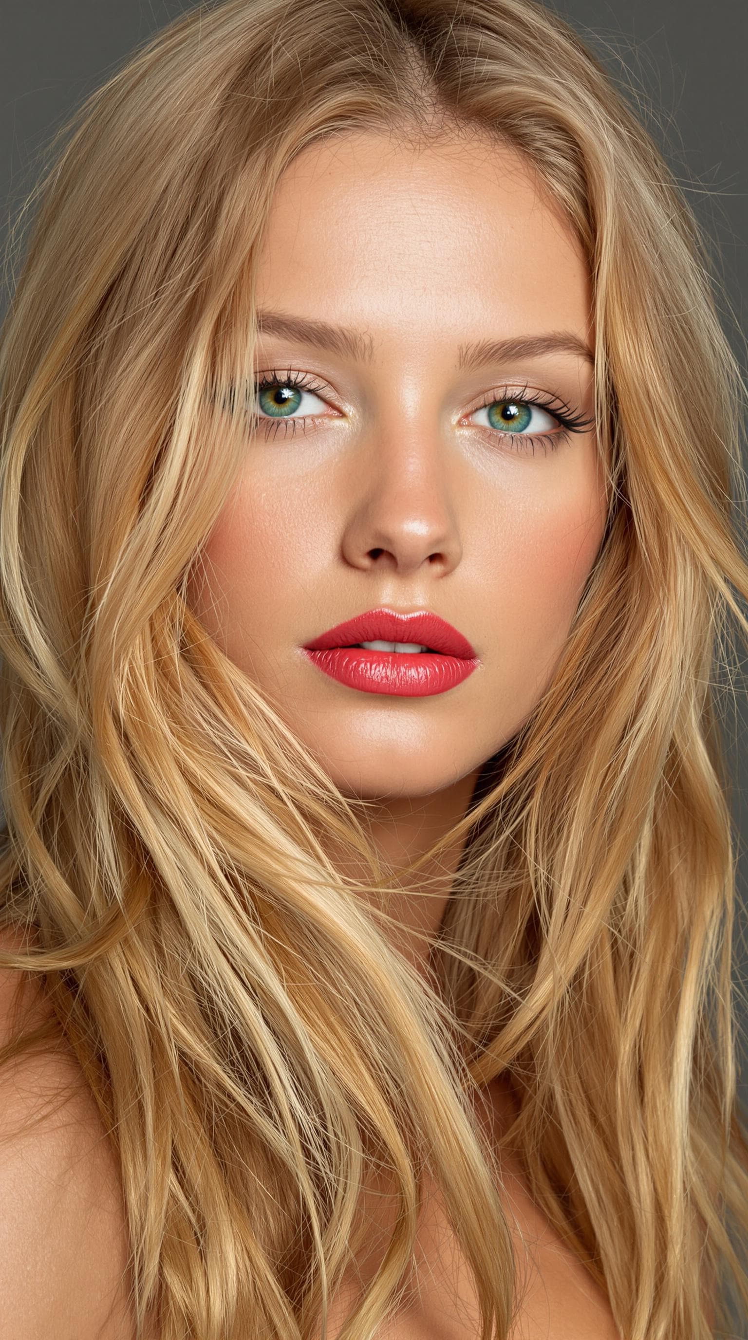 AI generated: "The image is a striking close-up portrait of a model with lustrous, tousled strawberry blonde hair ...