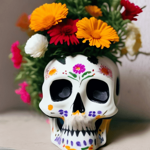 AI generated: white pottery, colorful marigolds, black day of the dead small skull