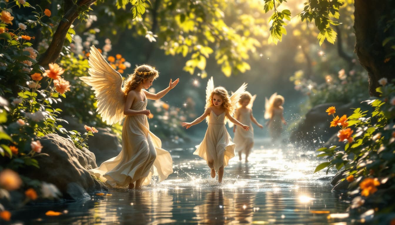 AI generated: in royal garden little angels from greek mythology  in zen serenity 
,serenity,surrounded by divine ...