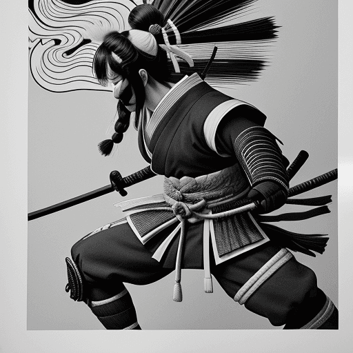 AI generated: Vertical image of samurais and japanese culture, black and white on a paper.