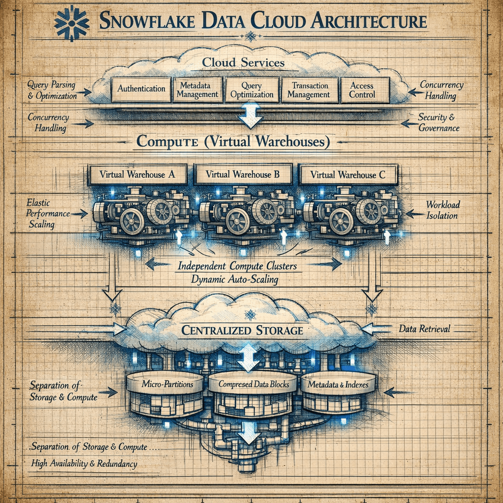AI generated: A highly detailed digital architectural blueprint of Snowflake Data Cloud architecture, designed in ...