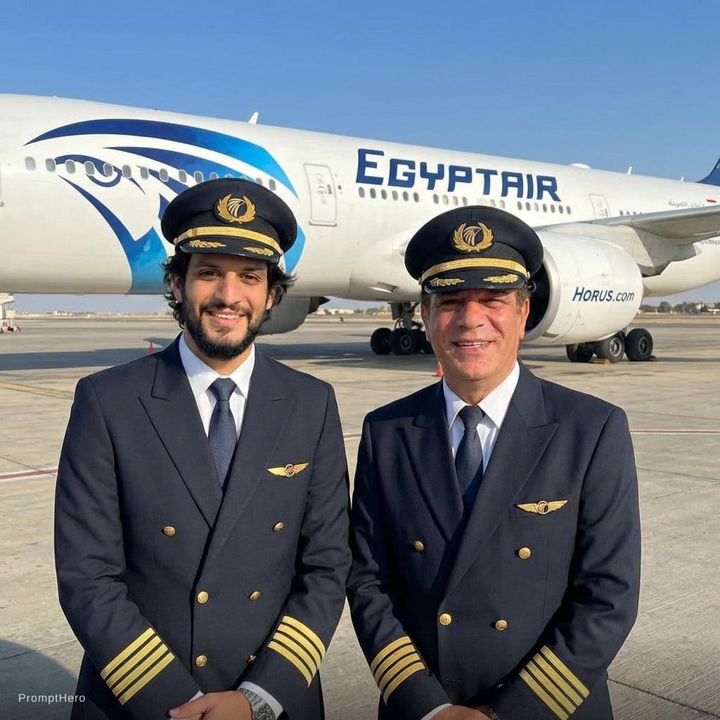 AI generated: Merge me and my dad in one photo as real photo, wear my dad pilot, the background ( plan Egypt Air )