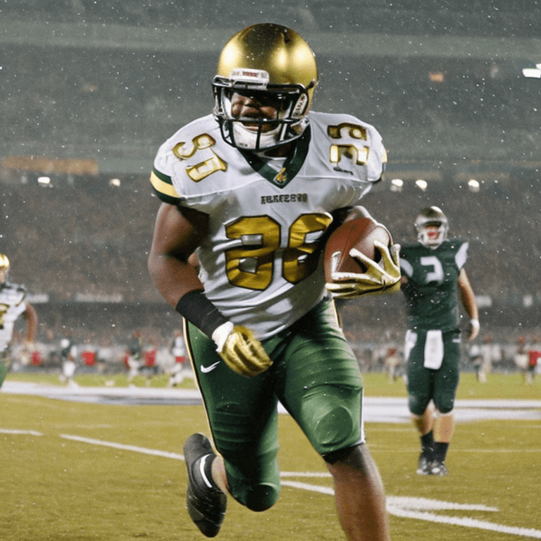 AI generated: Football player running toward the endzone, wearing a gold helmet, dark green jersey, gold pants, he...