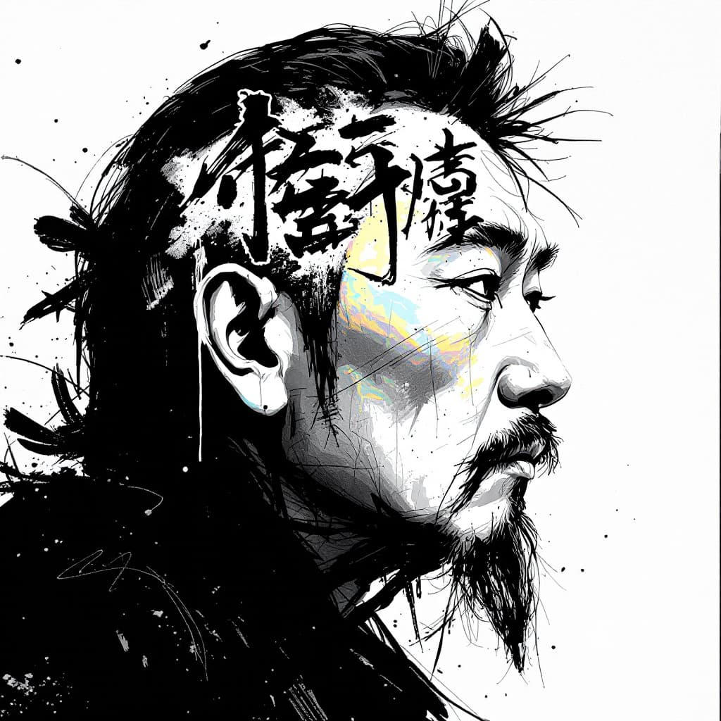 AI generated: A holographic, black and white profile portrait with Chinese calligraphy-style characters on the hea...