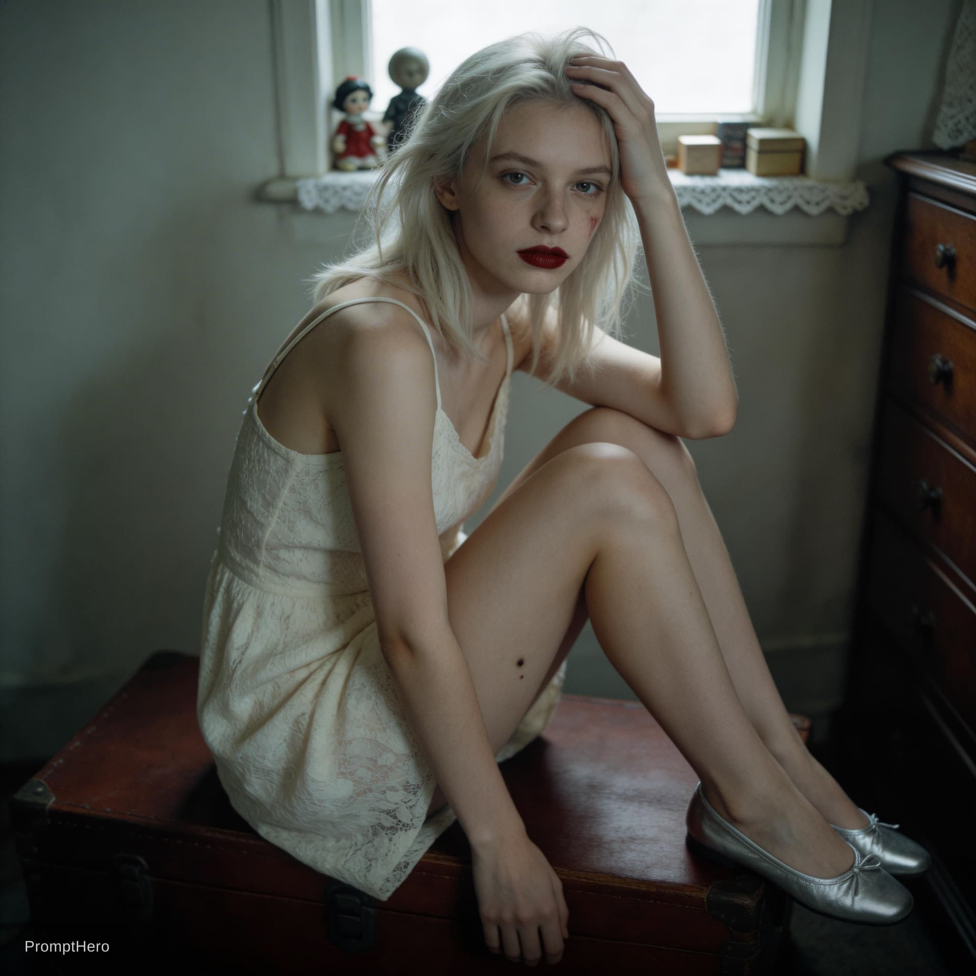 AI generated: A young woman is seated on a dark brown wooden trunk in a dimly lit indoor space, possibly a bedroom...