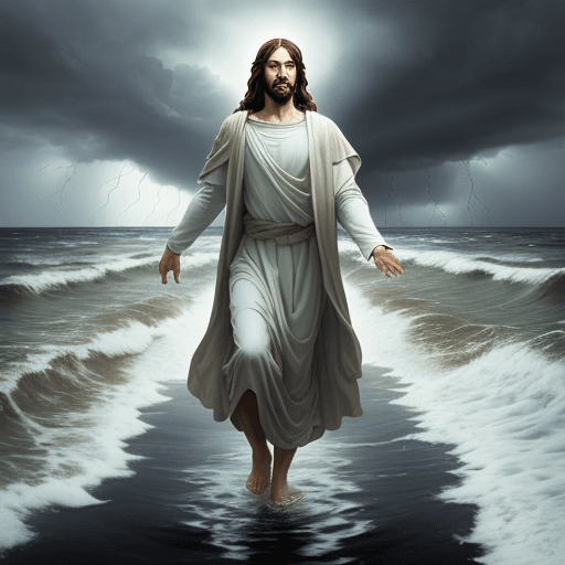 AI generated: Jesus walk on the water, in a 
 terrible storm,