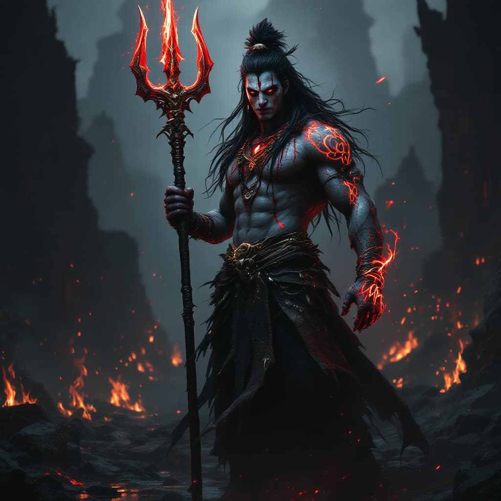 AI generated: An ultra-realistic, full-body portrait of a blood-soaked Lord Shiva Muscular Body Holding Giant mass...