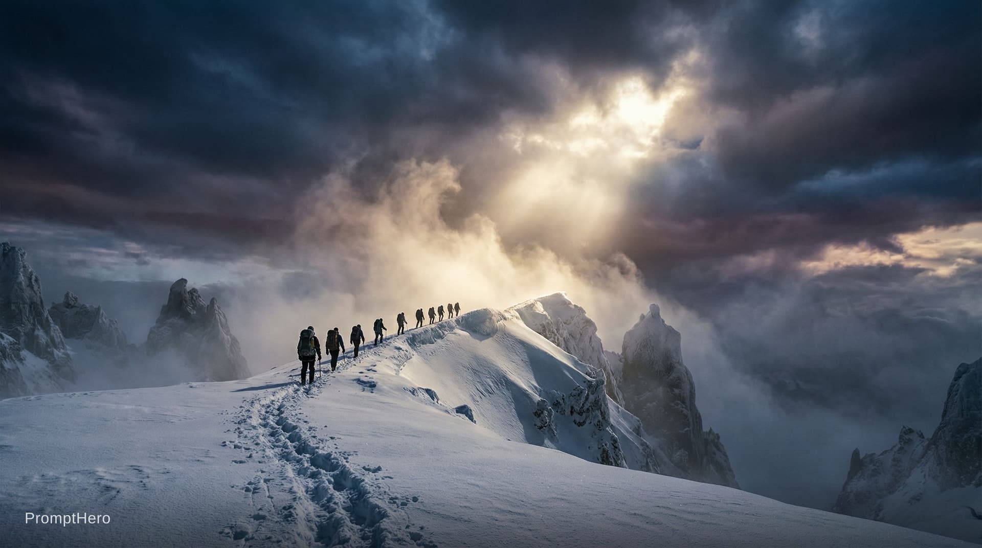 AI generated: AnoEar4 art style. Breathtaking cinematic wide-shot: a lone trail of climbers ascends a razor-thin, ...