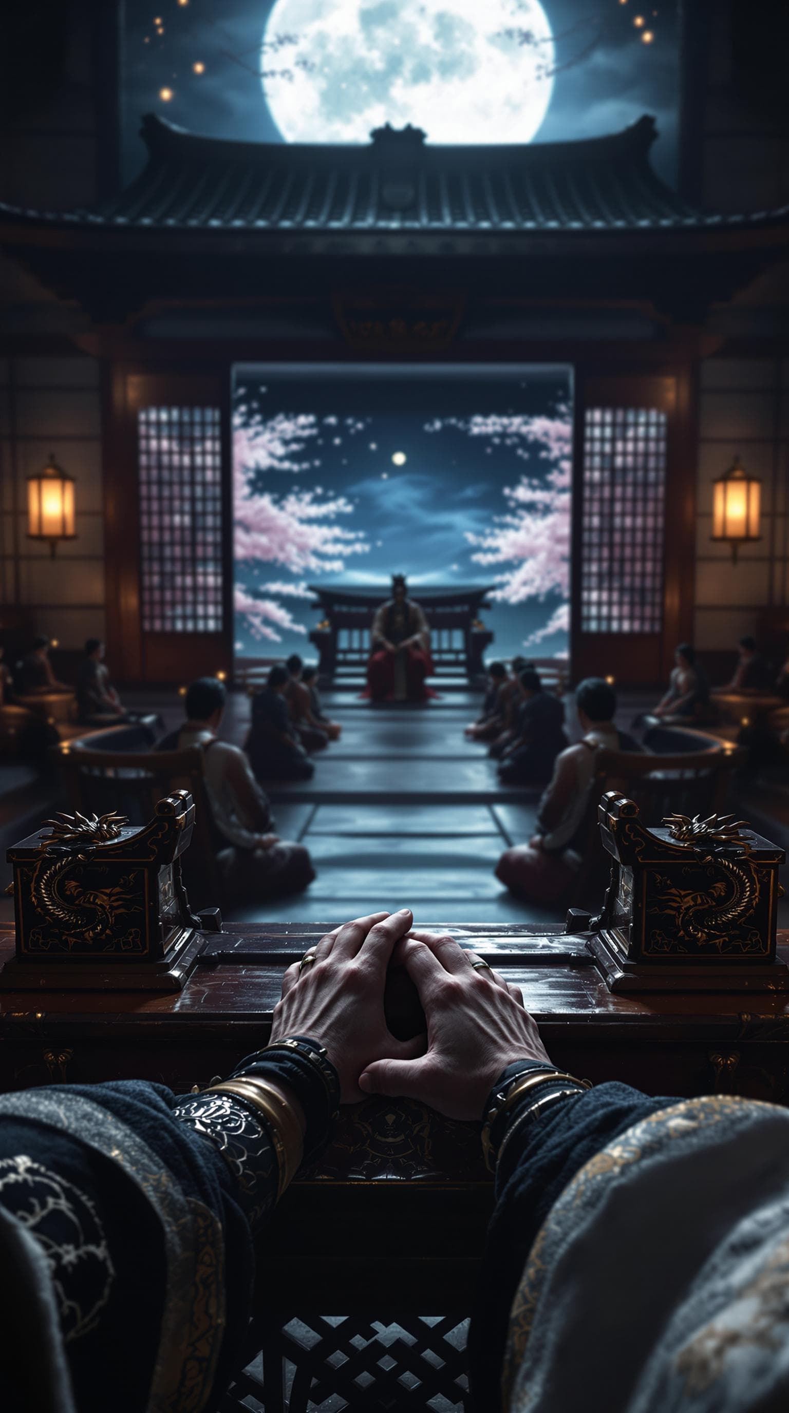 AI generated: "First-person POV, the Shogun’s hands rest on the polished wooden armrests of the war council chambe...