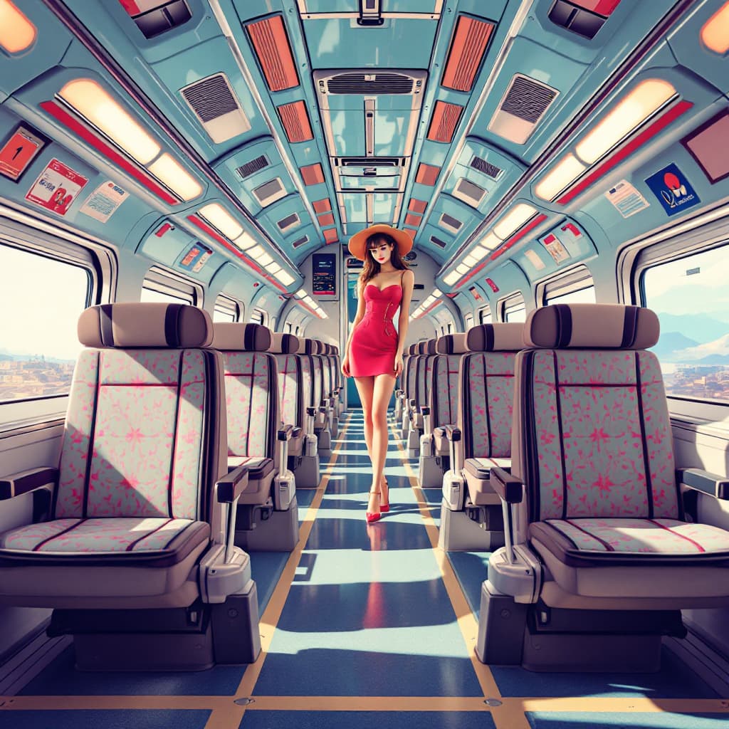 AI generated: a beautiful Wes Anderson style image of a bullet train interior with rotating seats, pertty female.