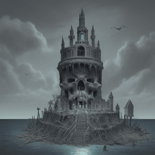 AI generated: A pencil sketch poster of the island of the dead, comic style, human skull figures and creatures of ...