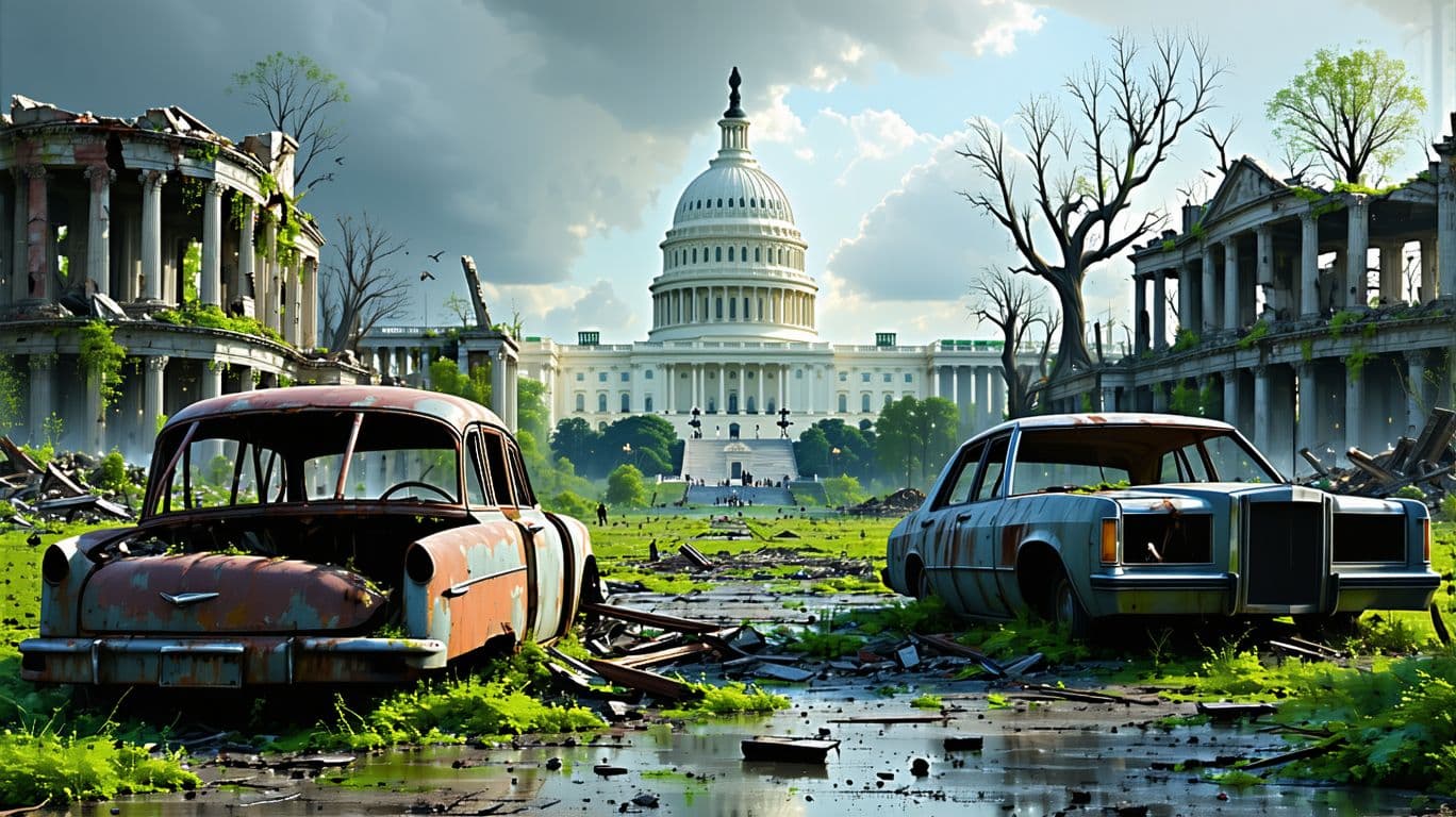 AI generated: post apocalypse,old ruins of citys,trees,gras grow overall,car wrecks ,rusty,,capitol,washington  He...
