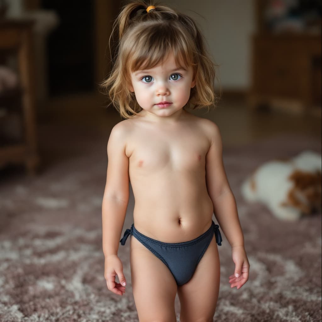 AI generated: 5 year old toddler, micro mini skirt, thong underwear visible, whaletail thong