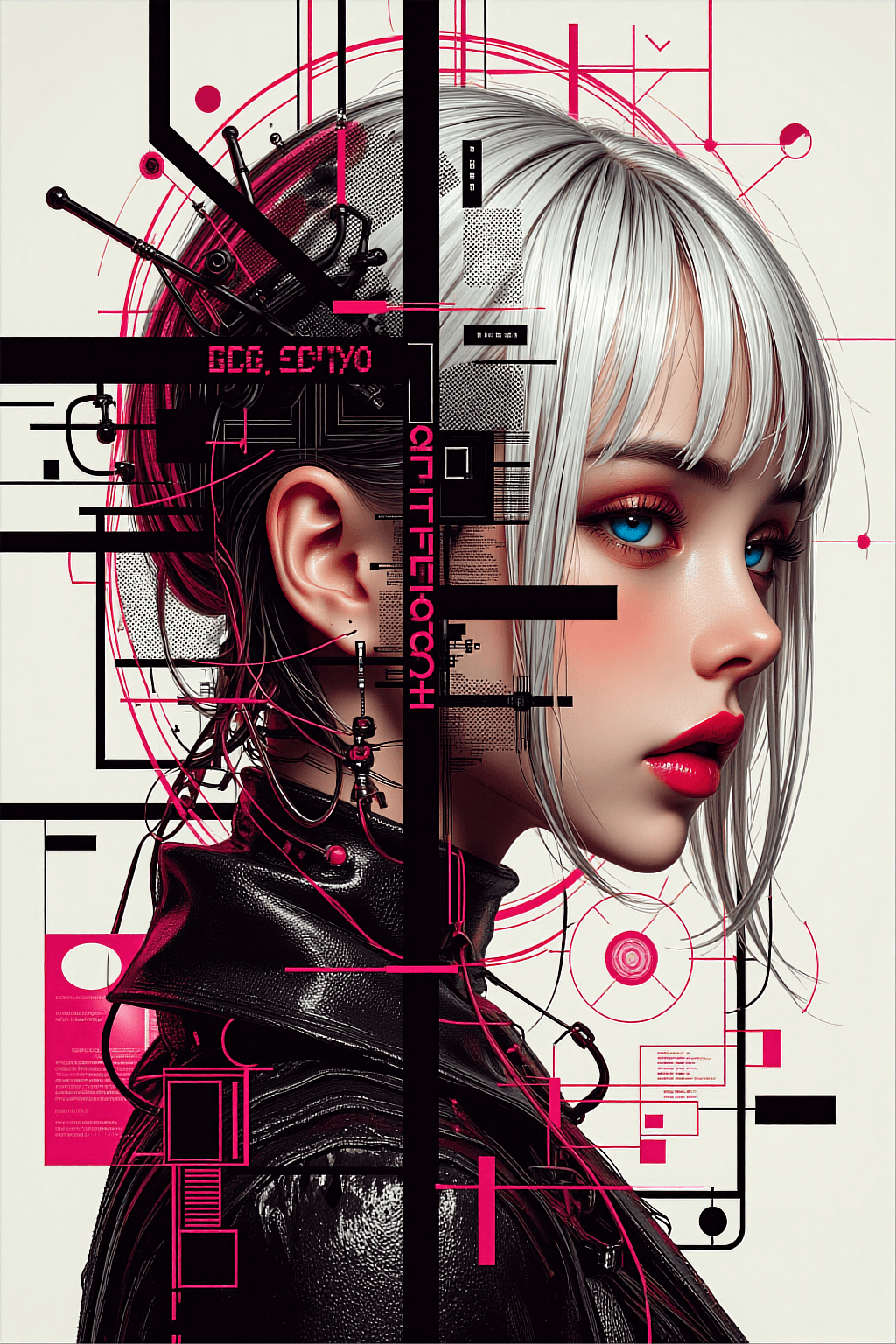 AI generated: A vertical digital art masterpiece featuring a side-profile portrait of a futuristic korean woman fa...