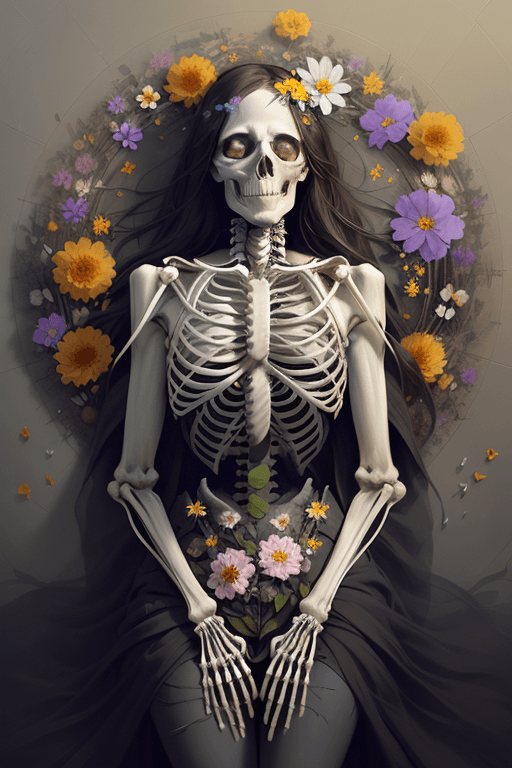 AI generated: full length portrait matte painting of [skeleton:flowers:30]| laying in the ground| with a circle of...