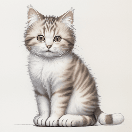 AI generated: line drawing of a small fluffy adult female white with tabby patches cat sitting upright