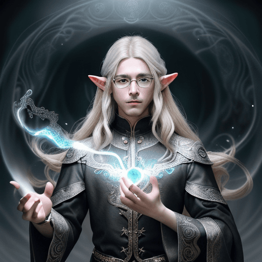 AI generated: A male elf archivist with glasses with long blond hair wearing a ornate clothes of silver and black,...
