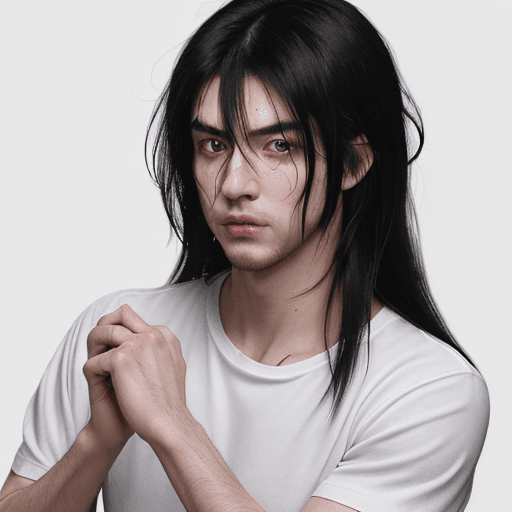 AI generated: 1boy, attractive, red_pupils, black_hair, long_hair, messy_hair, bangs, hair_between_eyes, stubble, ...