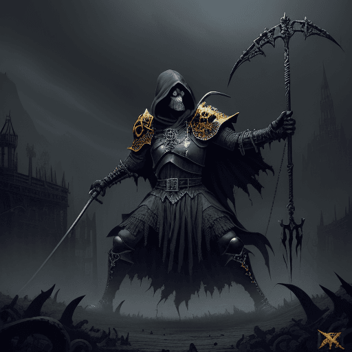 AI generated: painting in the style of a dark fantasy artist of the grim reaper fighting in full plate armor, swin...