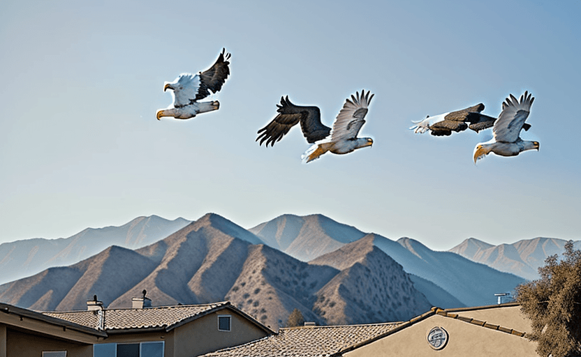 AI generated: an outdoor wall mural of 3 eagles flying over the san gabriel valley.