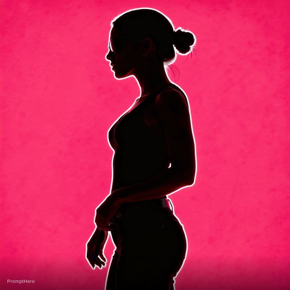 AI generated: photography, portrait of contrast, profile silhouette of a woman, vibrant hot pink backdrop, visuali...