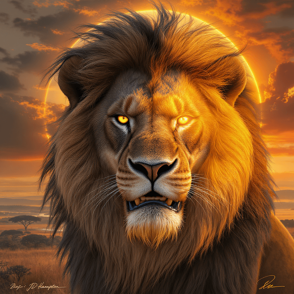 AI generated: An extreme close-up digital painting of a majestic Barbary lion's face, directly confronting the vie...