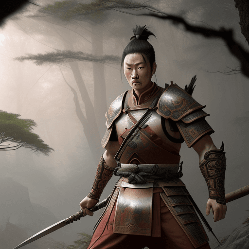 AI generated: Photo of an ancient Chinese warrior in his early 30s, ready to fight in a picturesque grove, dramati...