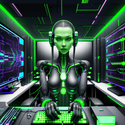 AI generated: Hyper realistic cyber human filled with cables to a gigantic computer inside a futuristic dark room ...