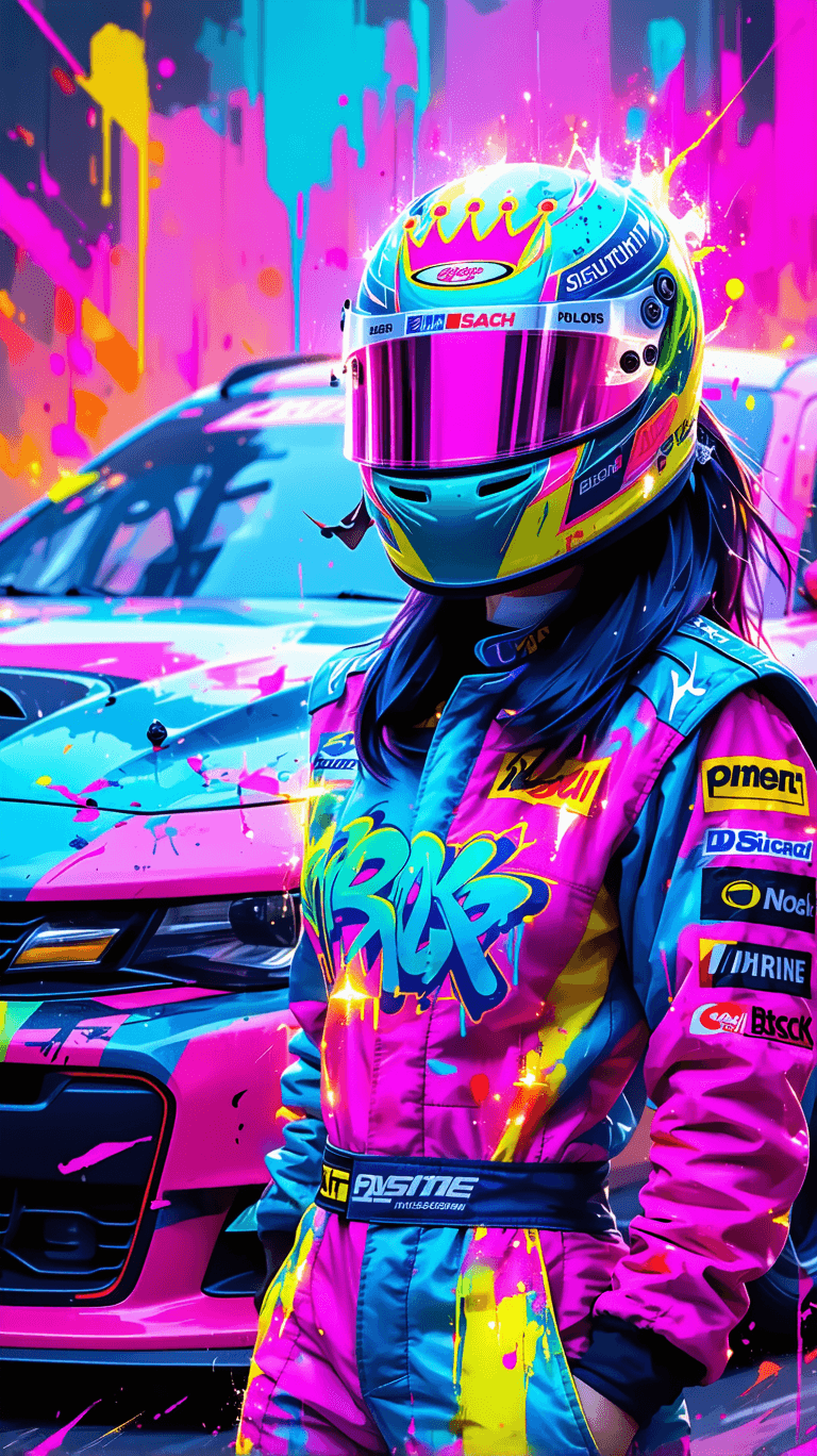 AI generated: A female NASCAR racer standing confidently next to a retro-inspired race car covered in neon graffit...