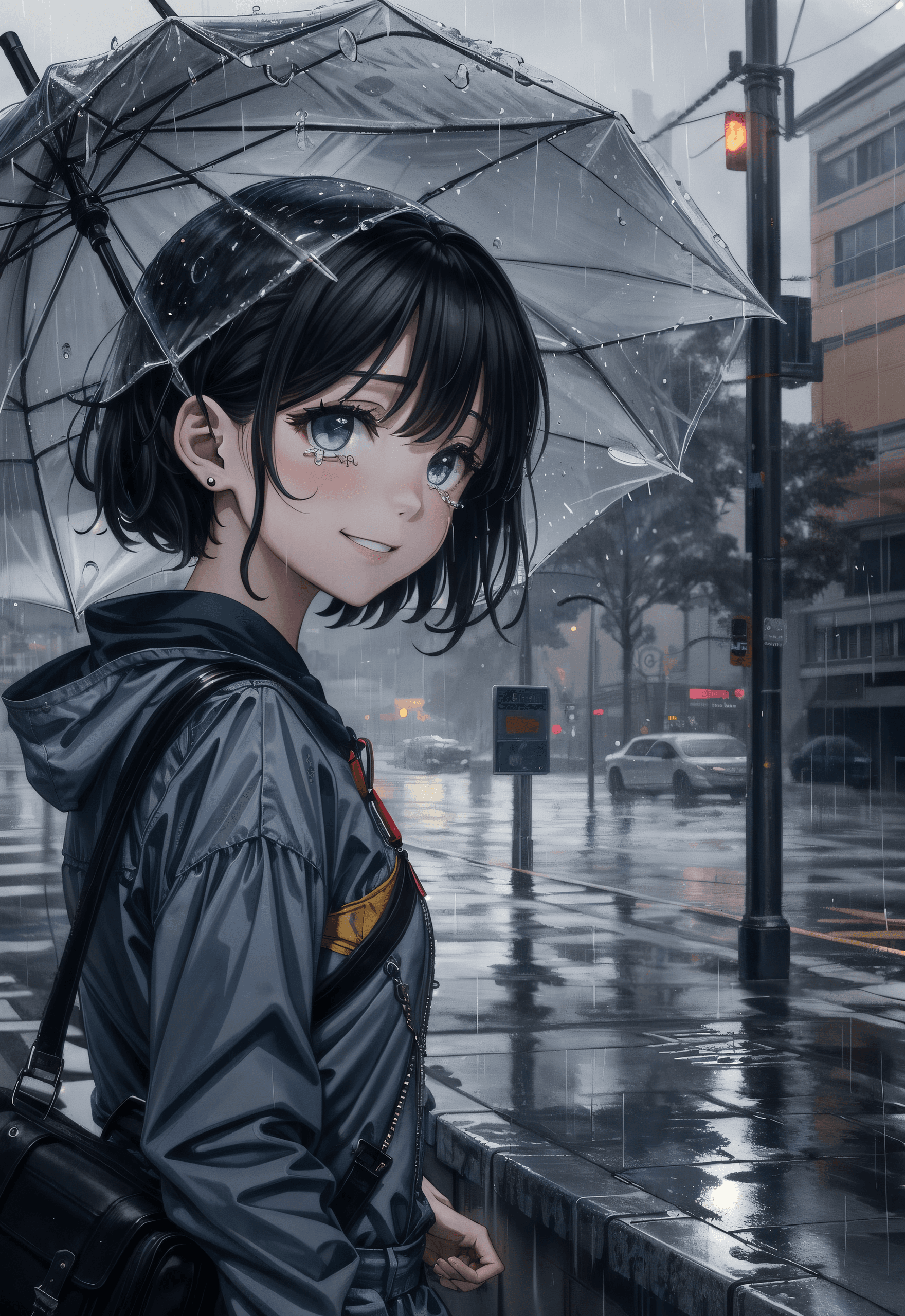 AI generated: (scenery: rain, blue, grey, gloomy:1.05), (girl: smile but cry, tears:1.1), <lora:add_detail:1>, 16k...