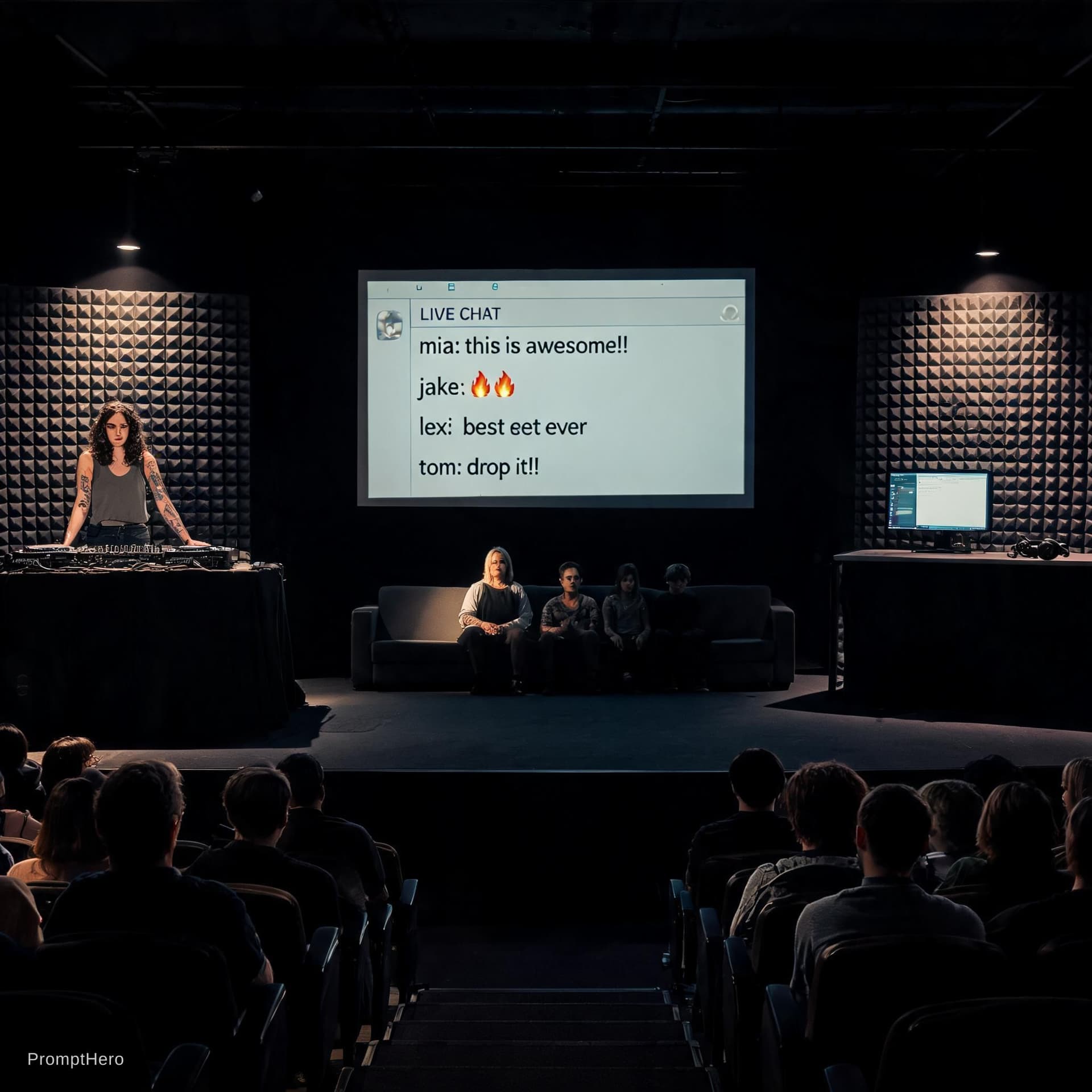 AI generated: theatre stage design concept. Wide and deep stage with room for walking.
two rows of the audience vi...