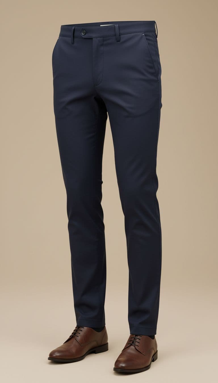 AI generated: High-quality fashion product render of slim tailored men’s chinos in deep navy cotton-elastane. Clea...