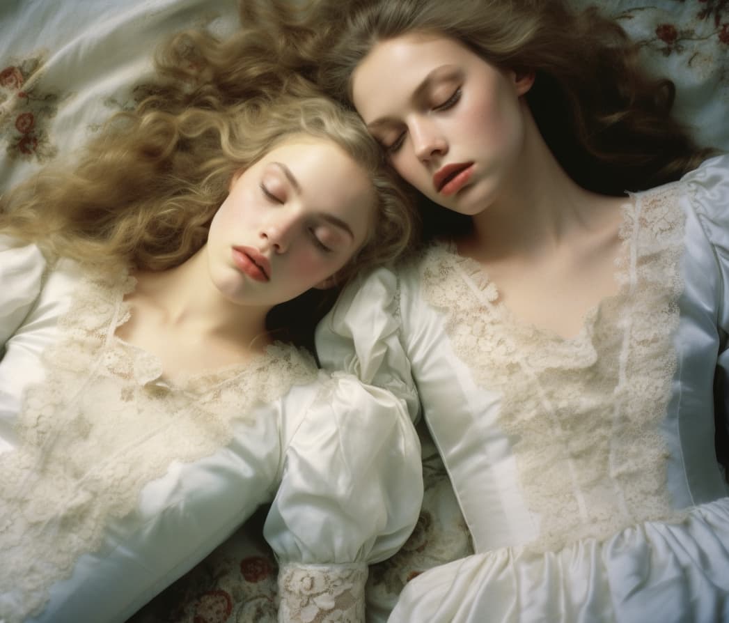 AI generated: a couple of women laying on top of a bed, style of paolo roversi, white lace clothing, beautiful gir...