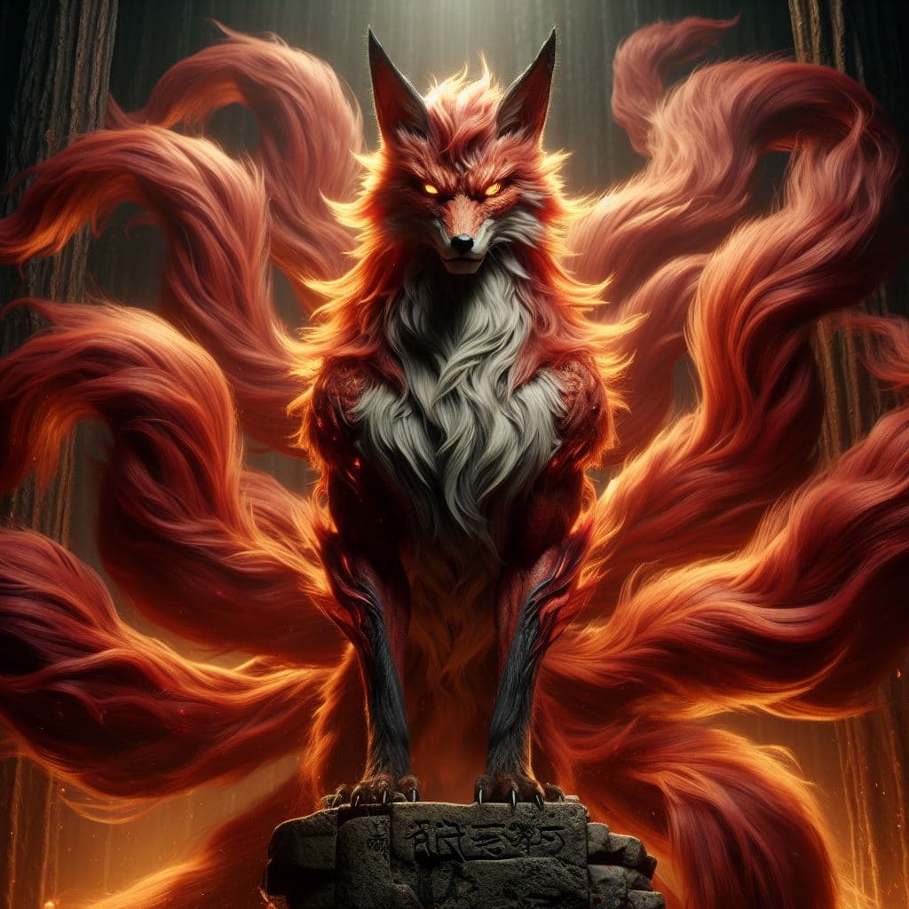 AI generated: In a dark, mystical forest, Kurama, the mighty nine-tailed fox demon, stands majestically on an anci...