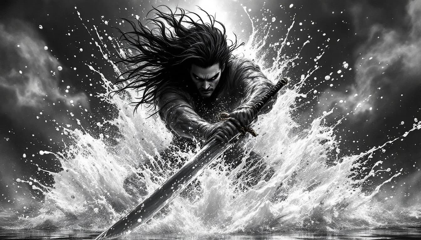 AI generated: A powerful figure emerges from an explosion of dynamic motion, wielding a sword with fierce intensit...
