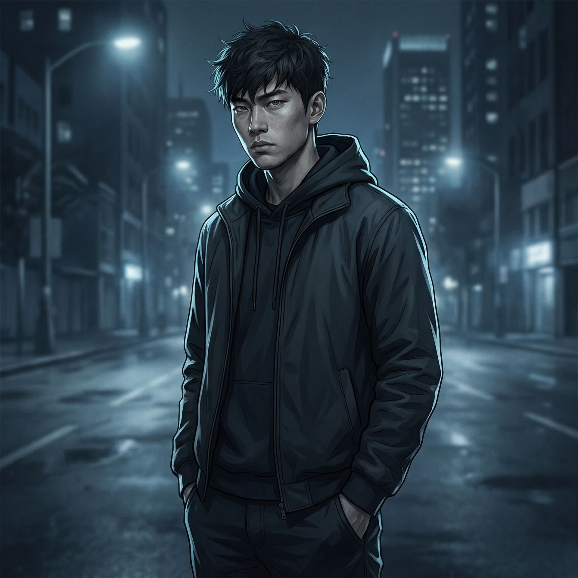 AI generated: a young asian man standing alone at night, calm and cold expression,
sharp intelligent eyes, restrai...