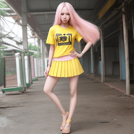 AI generated: female,Thailand, fashion model,long yellow hair, tall, muscle,bluw t-shirt,pink skirt, full body