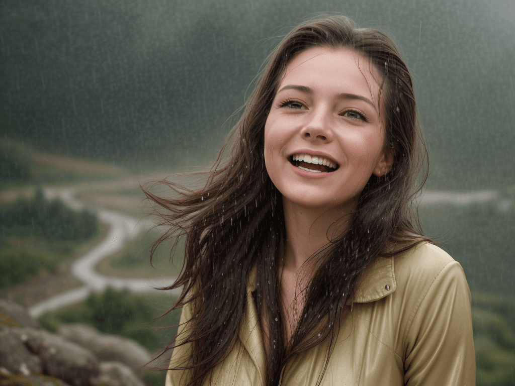 AI generated: A lady standing on top of a mountain, looking at the camera with a joyful expression in heavy rain, ...