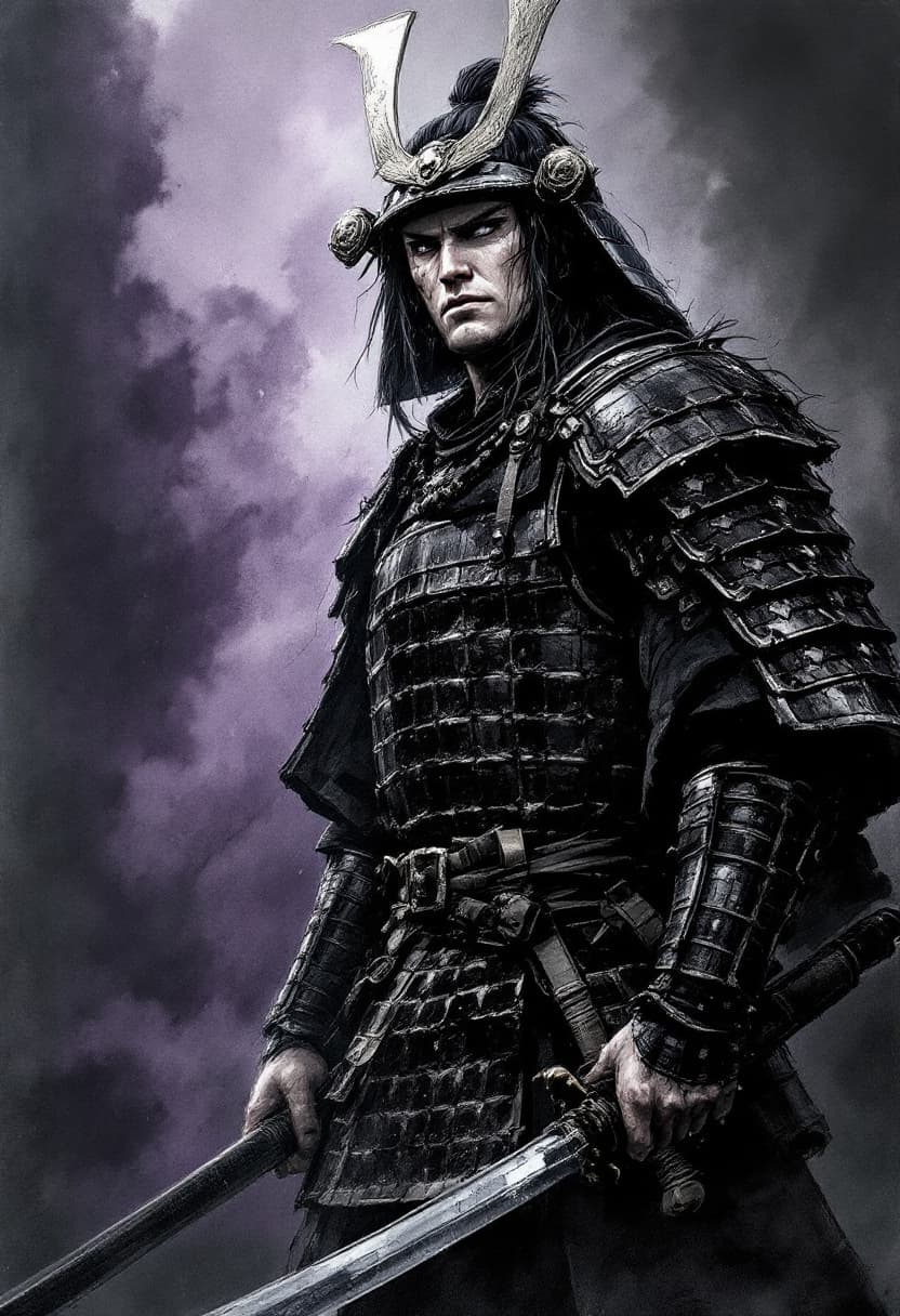 AI generated: Samurai in full armor, no mask, detailed face and hair, standing in fog, realistic ink wash style, s...