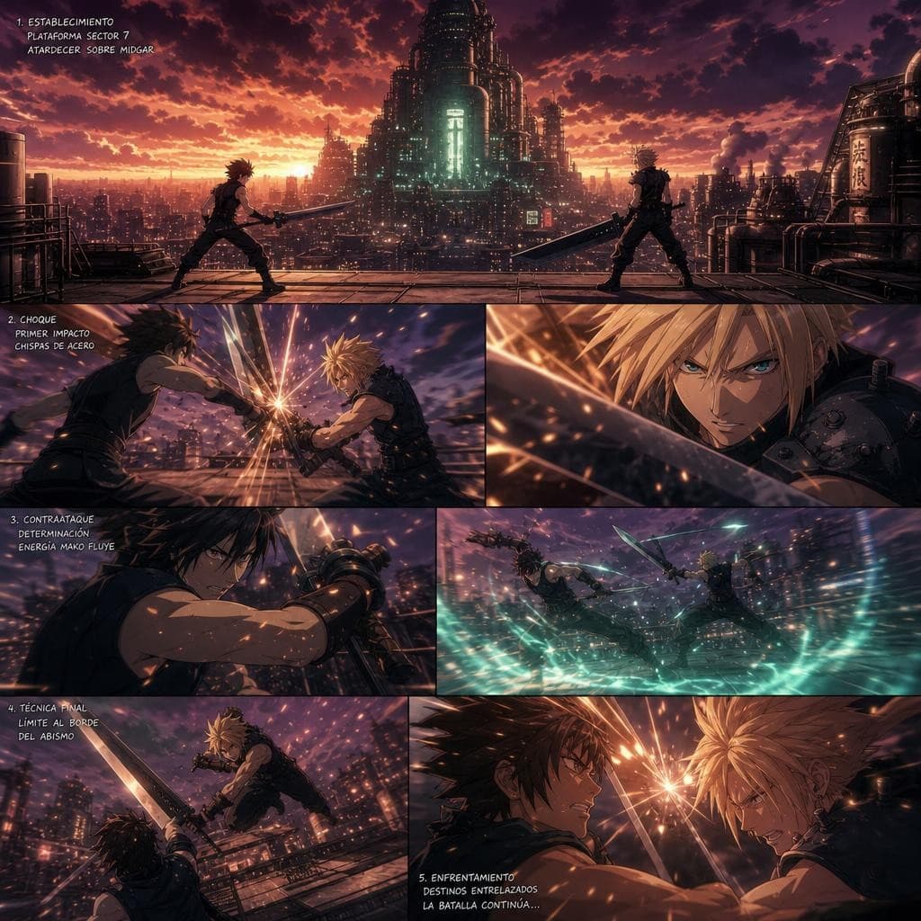 AI generated: Una intensa batalla de espadas contra Cloud Strife de Final Fantasy VII: un joven guerrero se enfren...