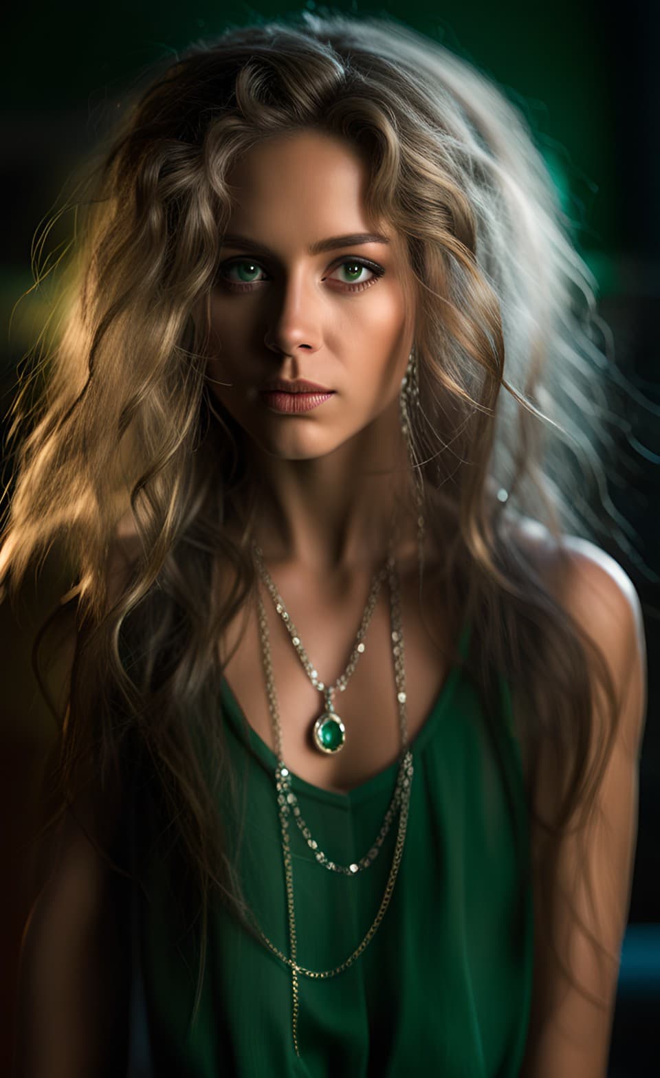 AI generated: A close soulful portrait of an ethereal female, long blond messy hair, green emerald eyes, candid, i...