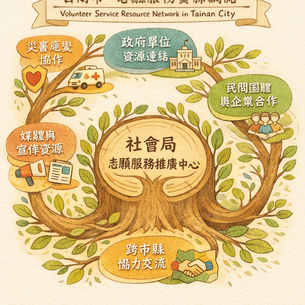 AI generated: Create a warm modern illustration infographic about volunteer service resource network in Tainan Cit...
