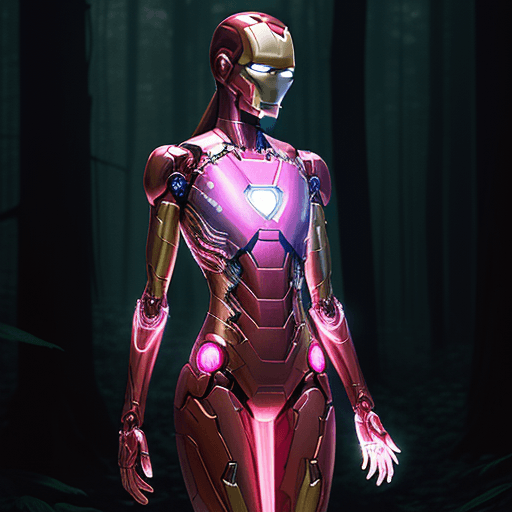 AI generated: iron man with transparent skin, glowing pink neon skeleton visible through the translucent dress in ...