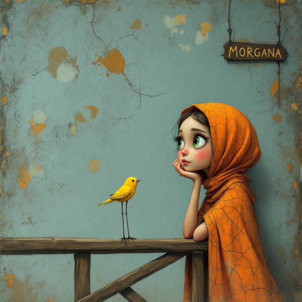 AI generated: "An enchanting illustration featuring a young girl with delicate features and large green eyes, wear...