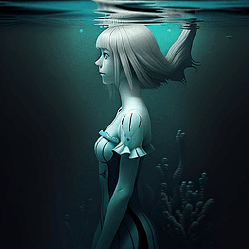 AI generated: alice sinking horizontally under water.
realistic, not creepy
looking towards the top
 arm pointing ...
