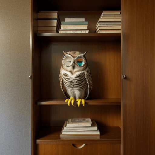 AI generated: Hyper realistic photo of a mid century modern style owl with googles in front of a cupboard with lot...